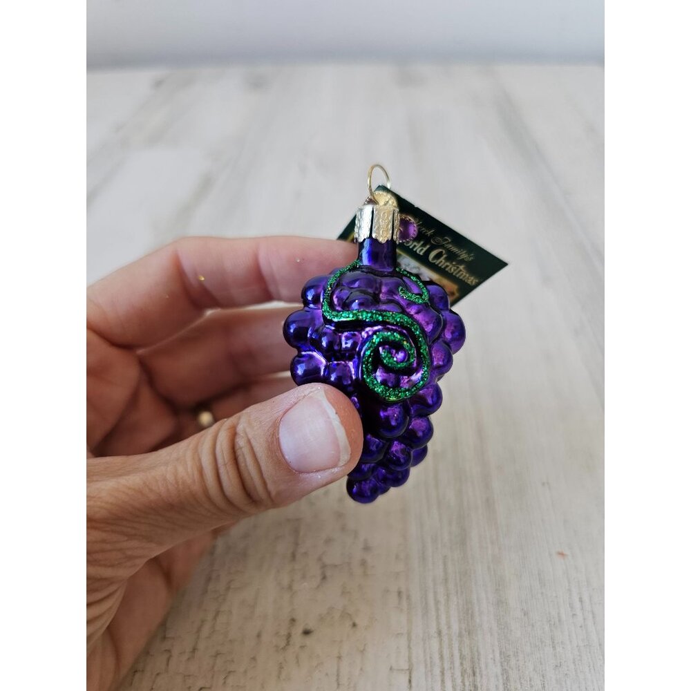 Old world OWC miniature grape fruit glass ornament purple glitter green Xmas tre